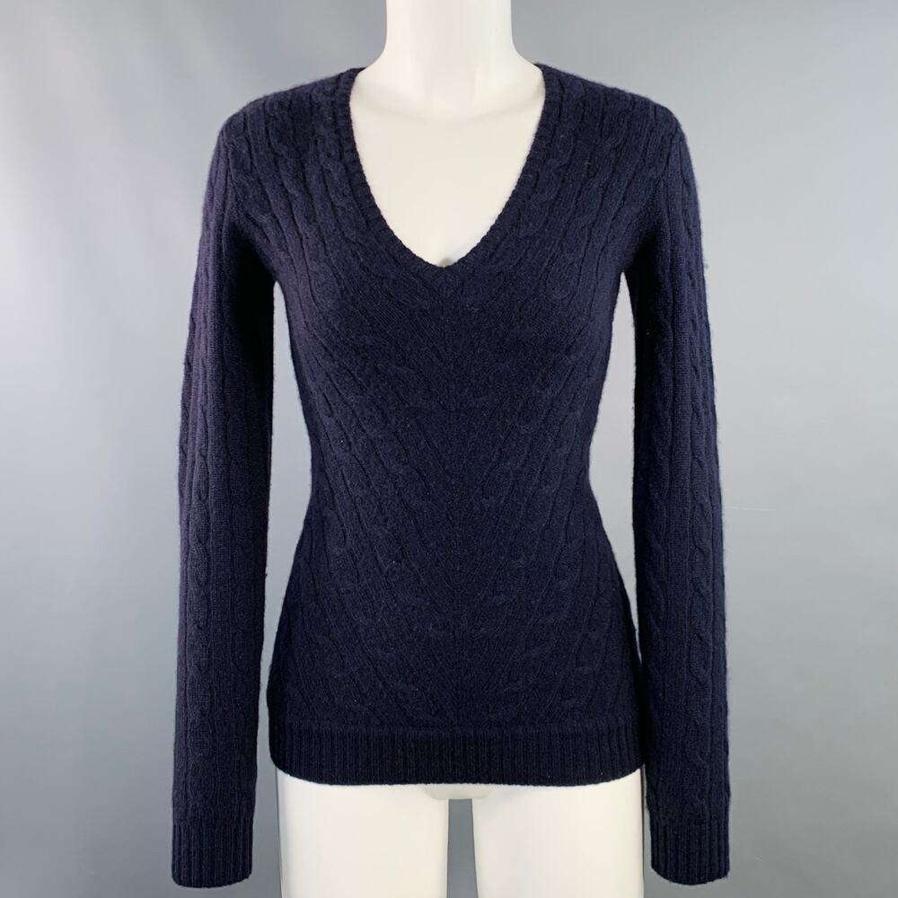 RALPH LAUREN Size S Navy Cashmere Cable Knit Slim Fit V-Neck Sweater